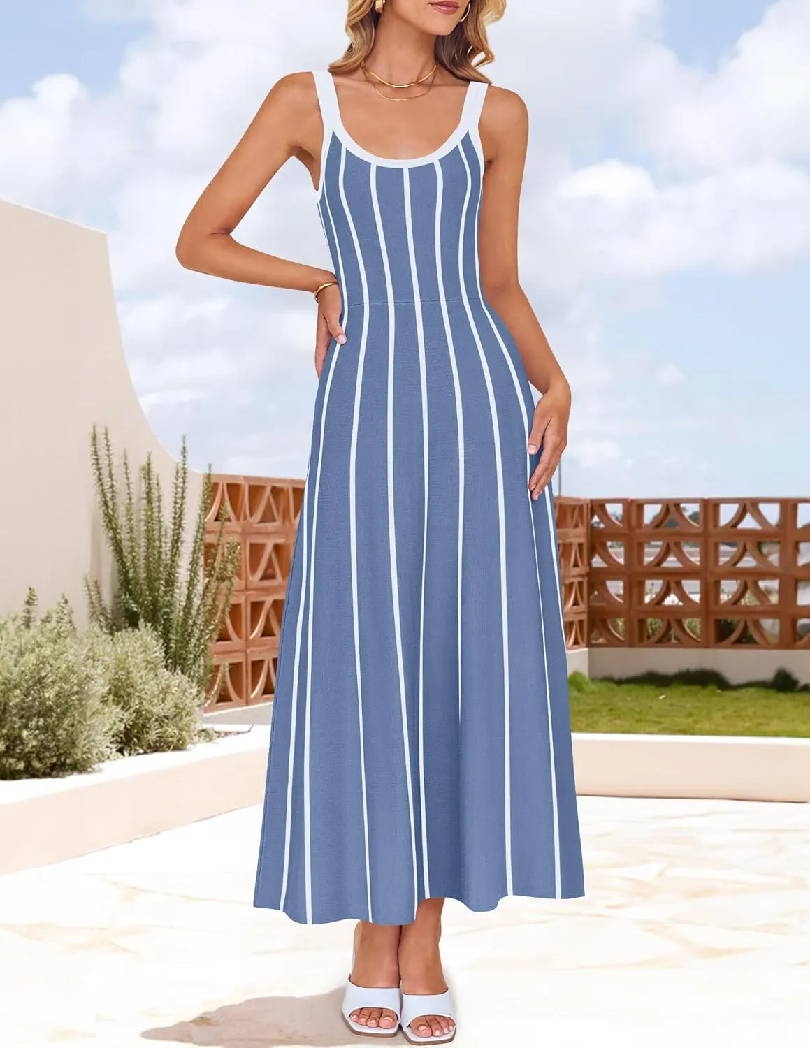 ZESICA Womens 2025 Summer Sleeveless Striped Midi Dresses Casual A Line Swing Knit Long Dress Beach Vacation Clothes